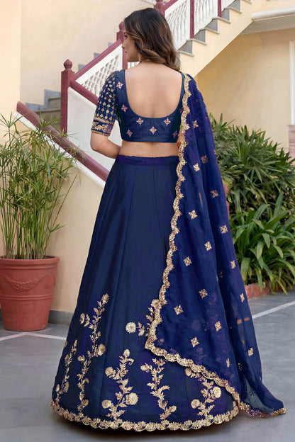 Blue lehengha choli back side view with matching dupatta