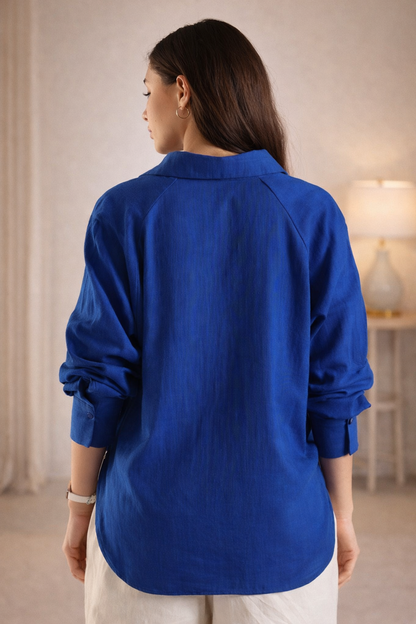 back view of blue shirt for women oversized design