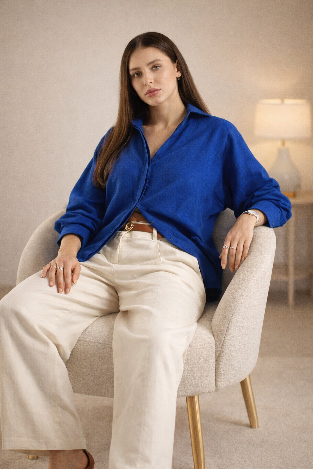 blue shirt styled for office wear minimal look