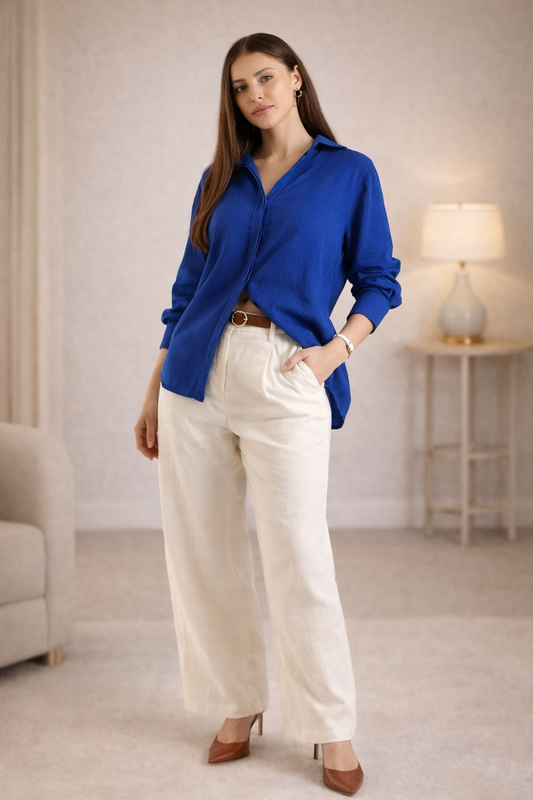 blue shirt for women front view oversized cotton shirt