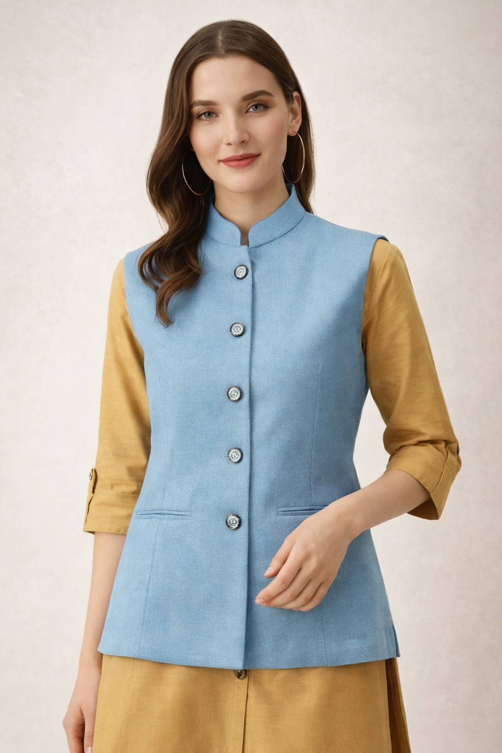 nehru jacket sky blue fabric texture close up