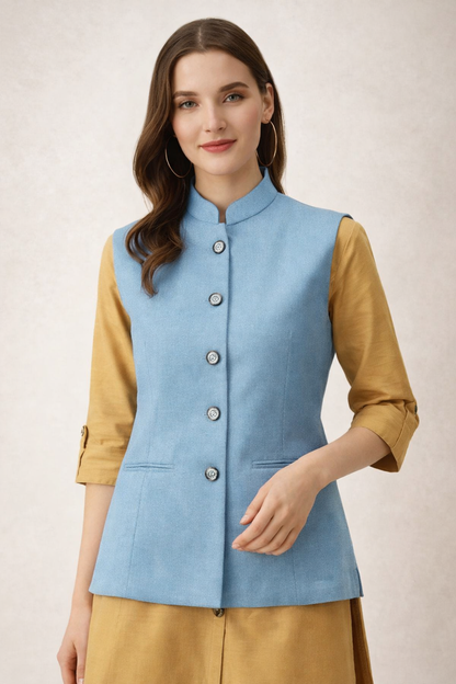 nehru jacket sky blue fabric texture close up