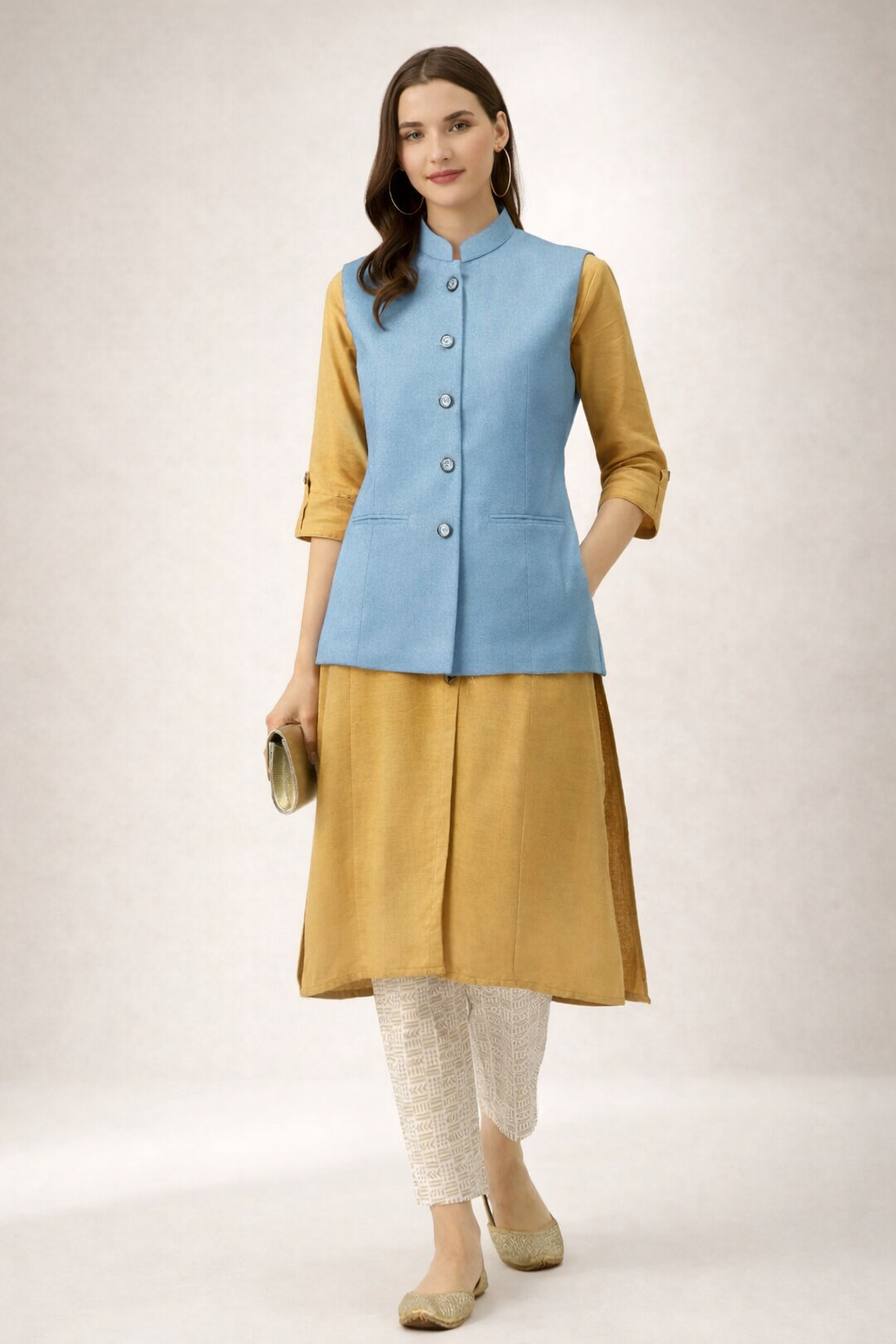 sky blue nehru jacket front view on model
