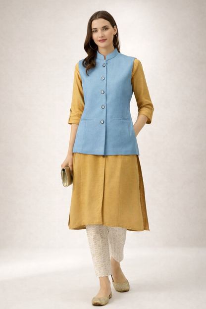 sky blue nehru jacket front view on model