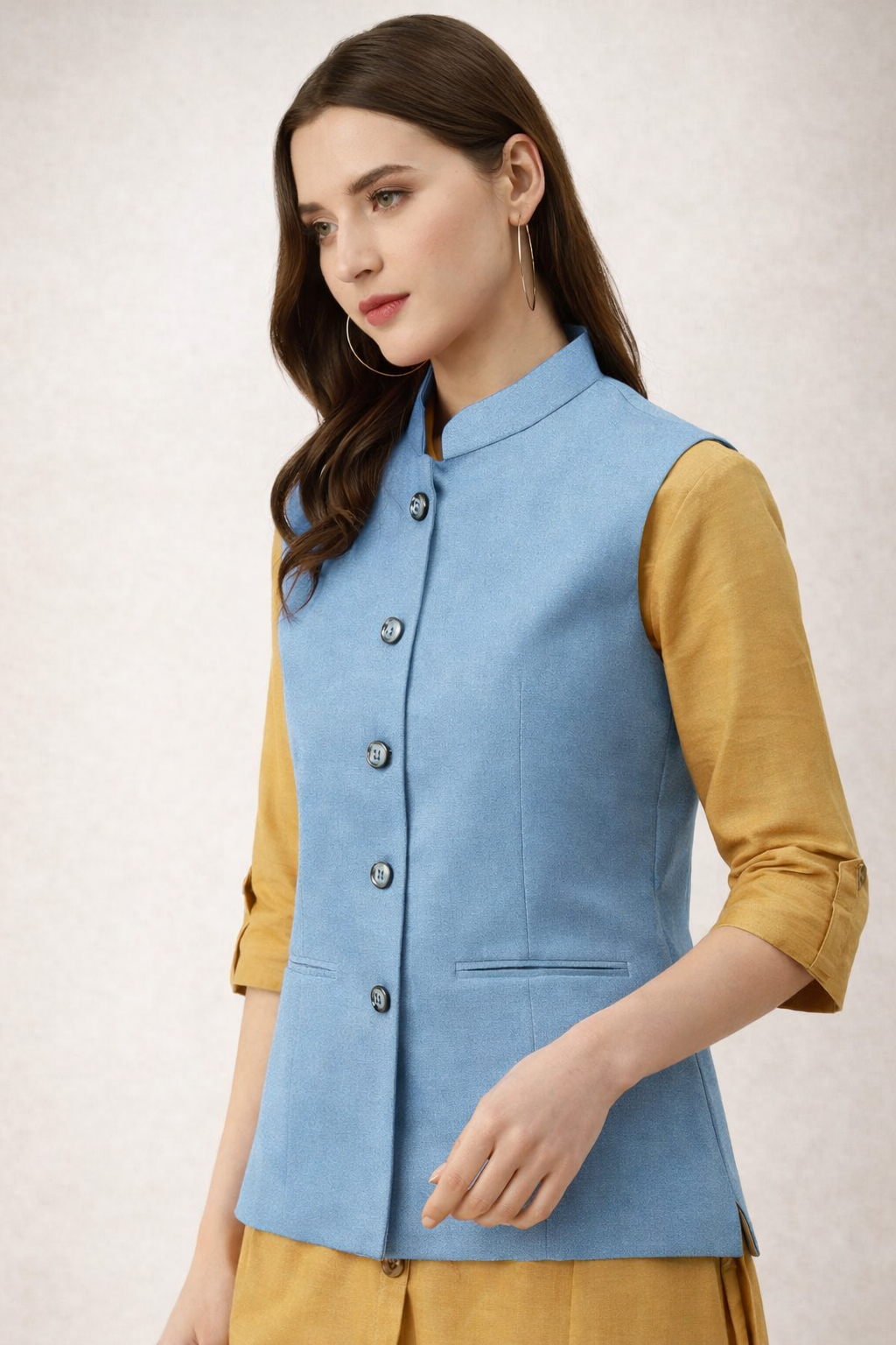 sky blue nehru jacket side profile view