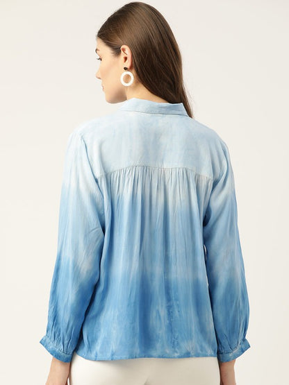 sky blue shirt women back view clean silhouette