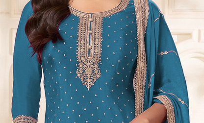 Front view of blue stitched dress with plazzo style