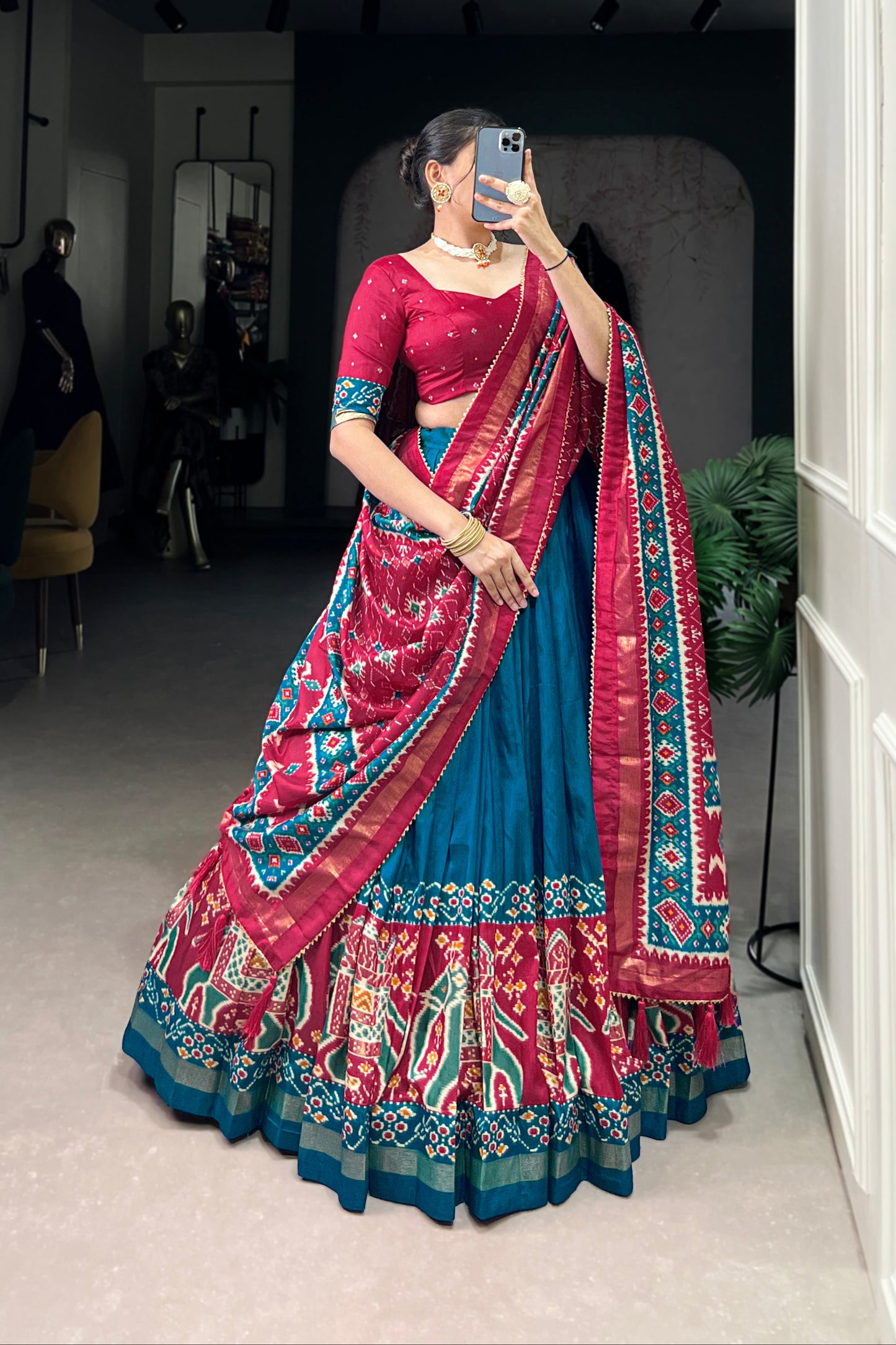 Blue petticoat lehenga choli with embroidery front view