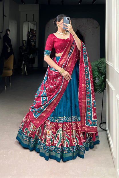 Blue petticoat lehenga choli with embroidery front view