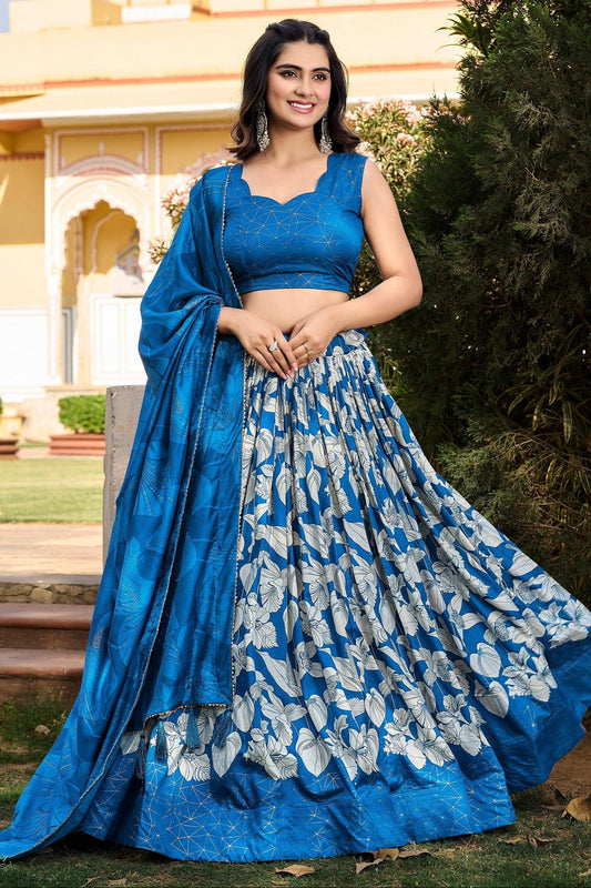 Blue reception lehenga full front view with floral embroidery