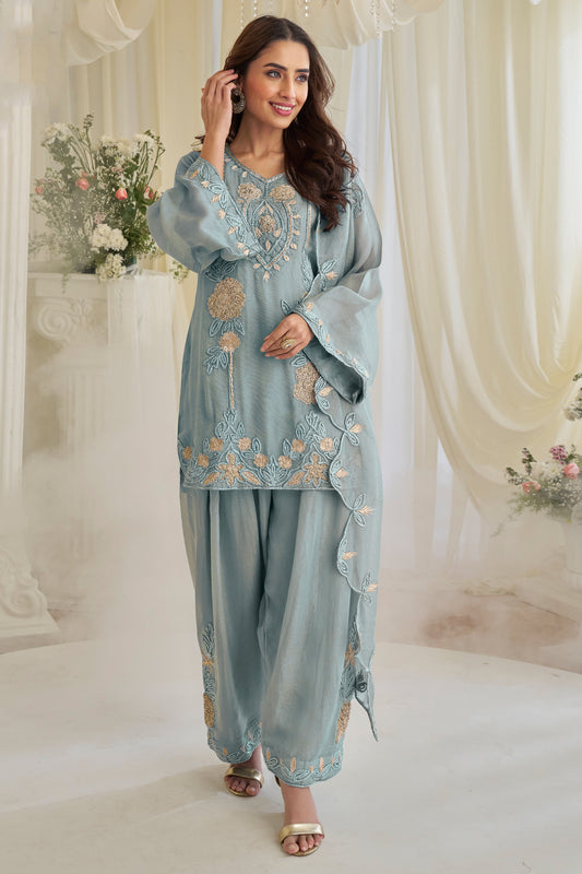 Blue salwar kameez women front view with bead embroidery
