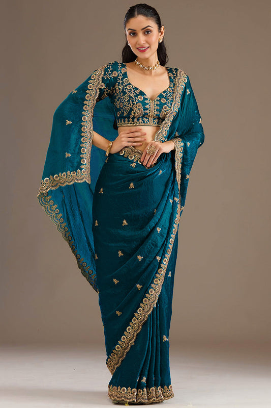 Navy Blue readymade saree with Heavy Zari And Embroidery