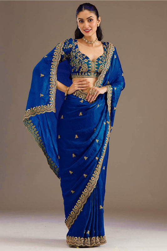 Blue Saree with Heavy Zari And Embroidery for wedding event