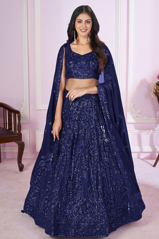 Blue satin material lehenga choli front view with embroidery