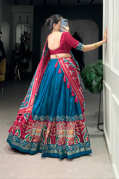 Wedding guest outfit blue lehenga choli with printed design