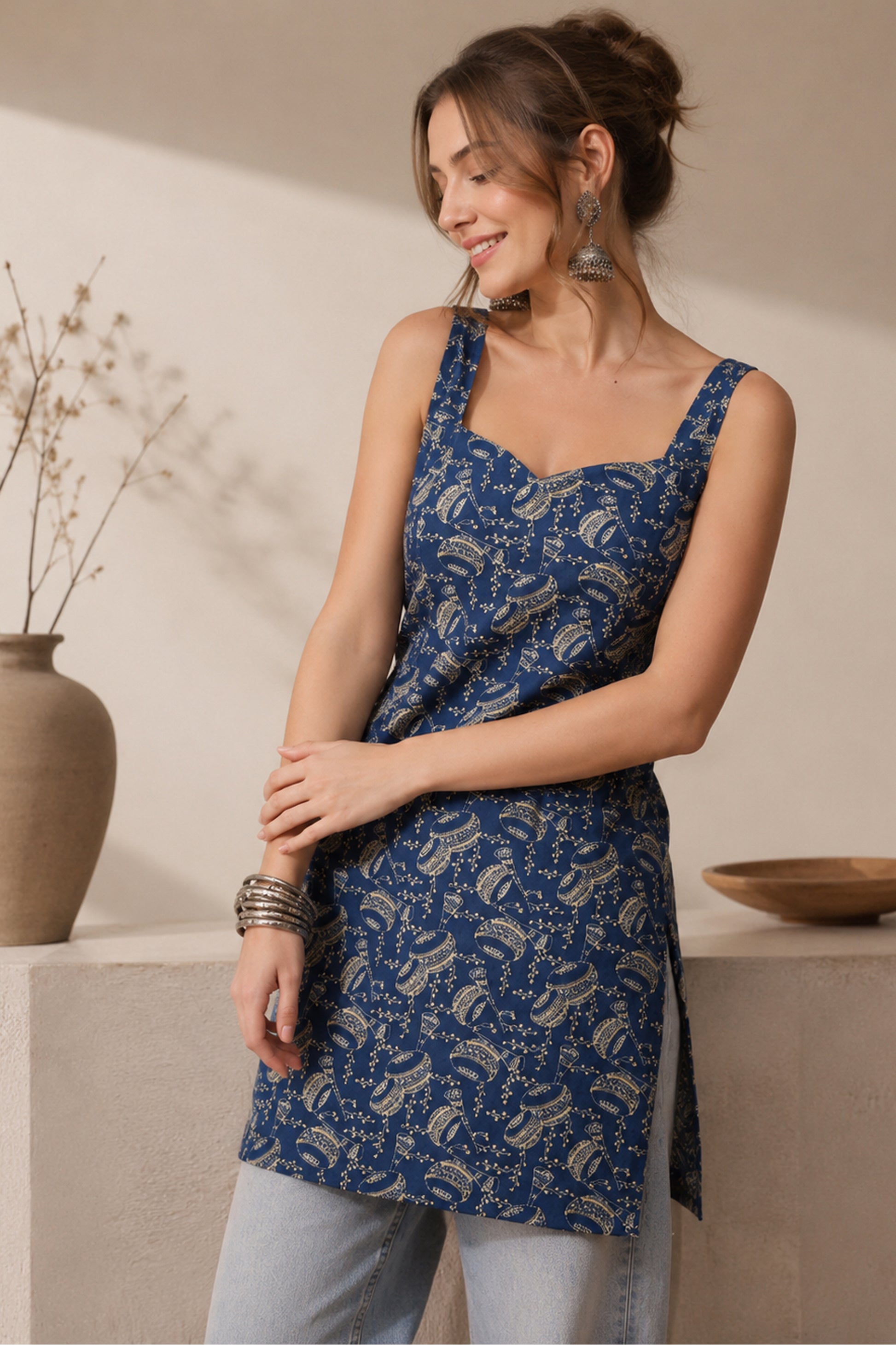 Model wearing a blue pure cotton tunic top