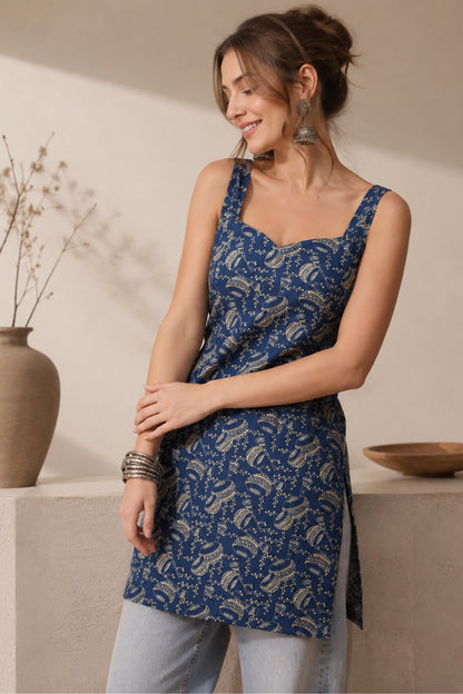Model wearing a blue pure cotton tunic top