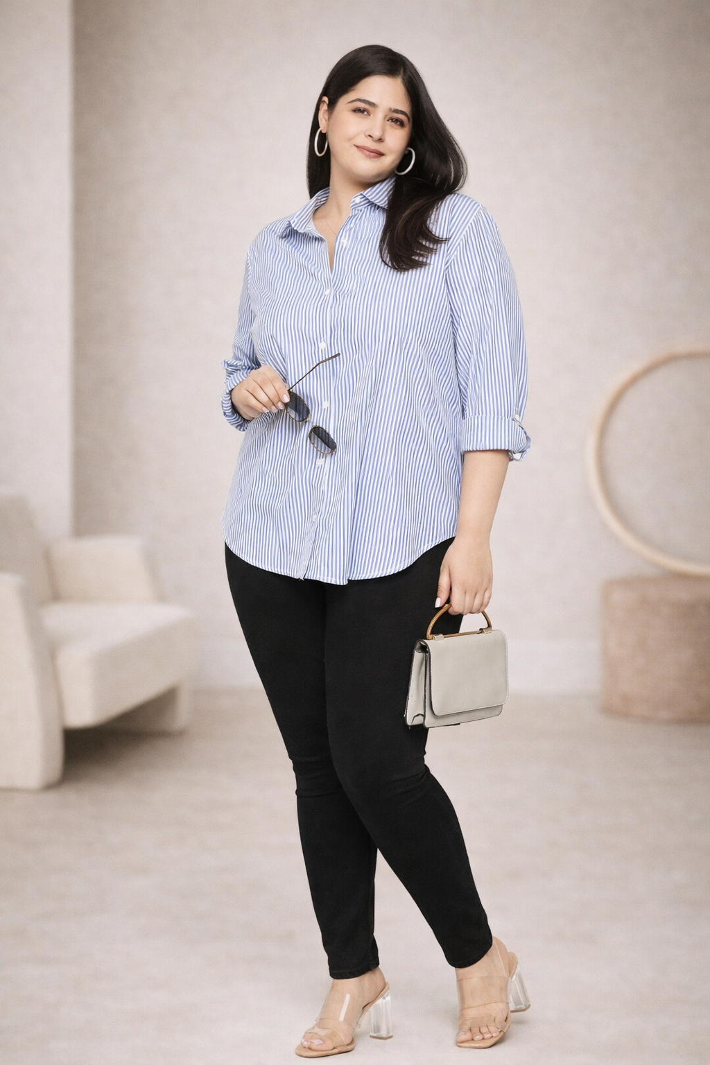 Blue and white shirt front view on model