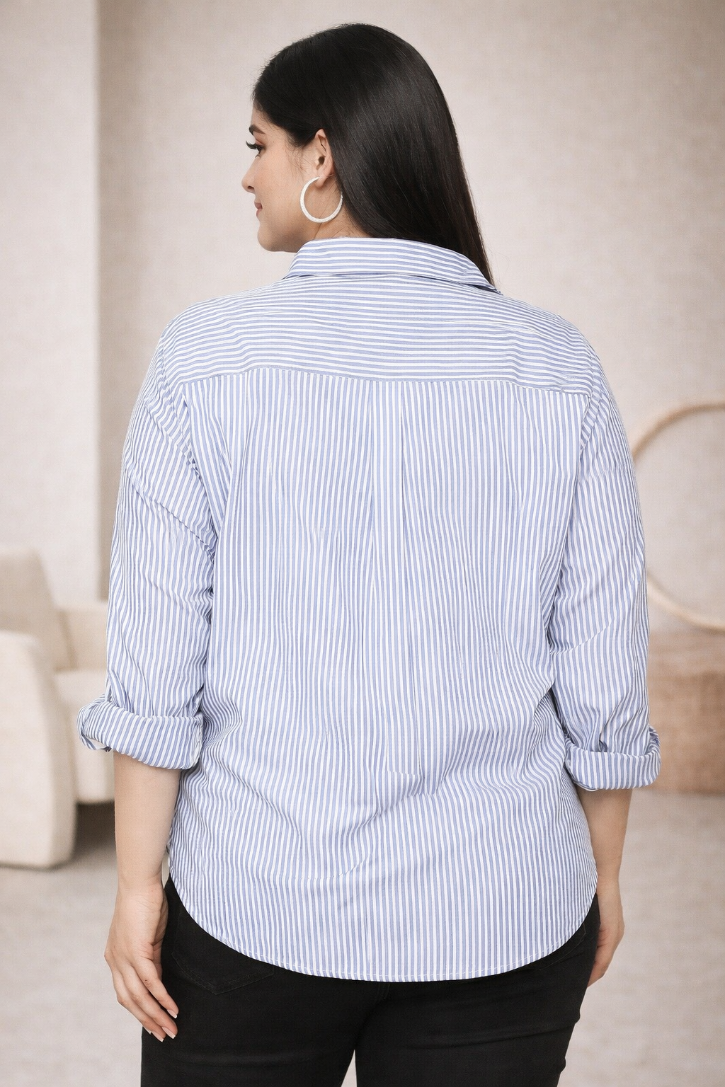 Blue and white line shirt back view