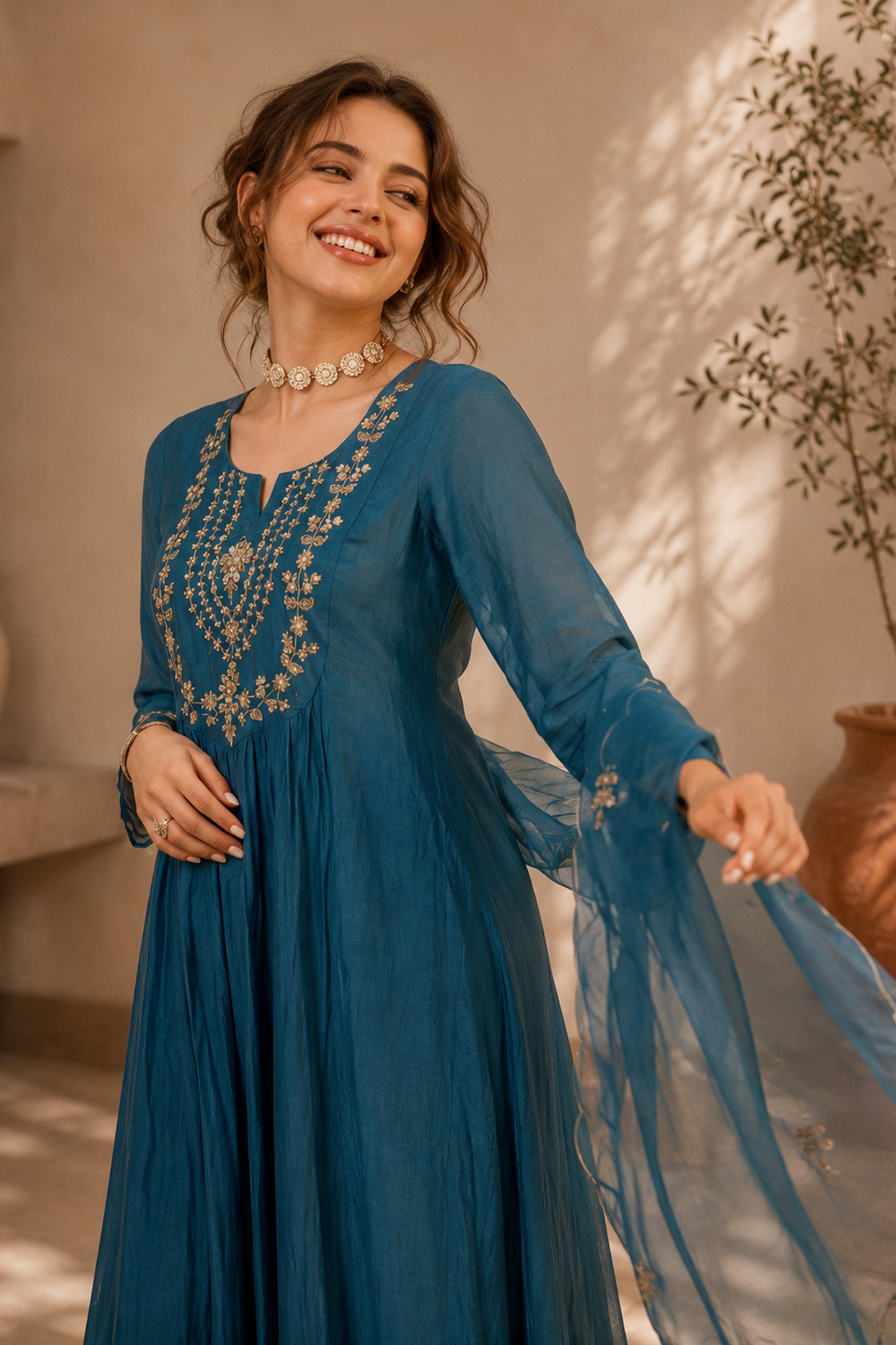 Blue women salwar kurta with embroidered sleeve detailing