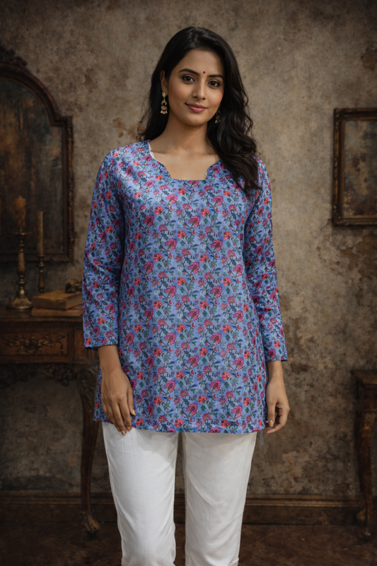 Blue women tops front view with digital print detail