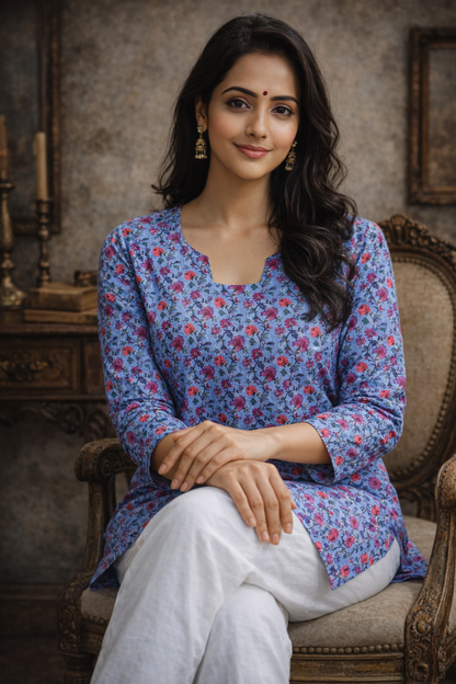 Digital print pattern detail on blue tunic top surface