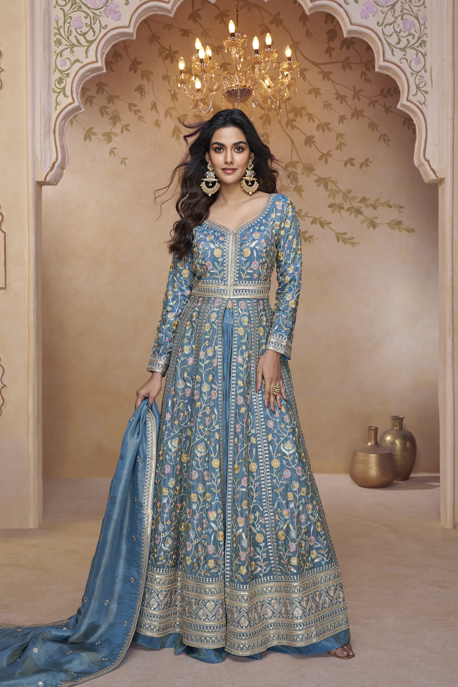 Royal Blue Embroidered Anarkali Gown With Dupatta Blue / Unstitched Royal Blue Embroidered Anarkali Gown With Dupatta Blue / Unstitched