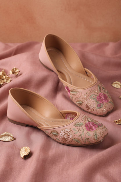 Blush pink ethnic jutty with vibrant floral embroidery