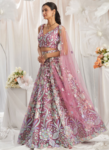 – lehenga in pink color side angle with dupatta drape
