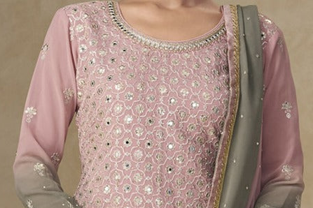 Full outfit view of embroidered georgette palazzo suit
