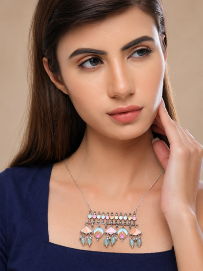 silver tone necklace with multicolor pendant drops
