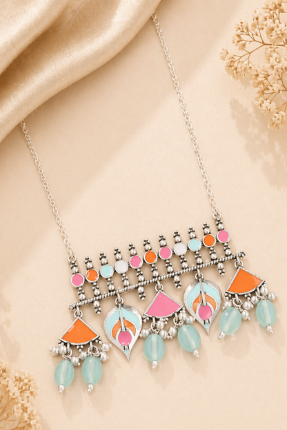 colorful boho statement necklace with enamel details
