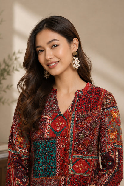Boho Tunic Top with patch-inspired ethnic motif layout