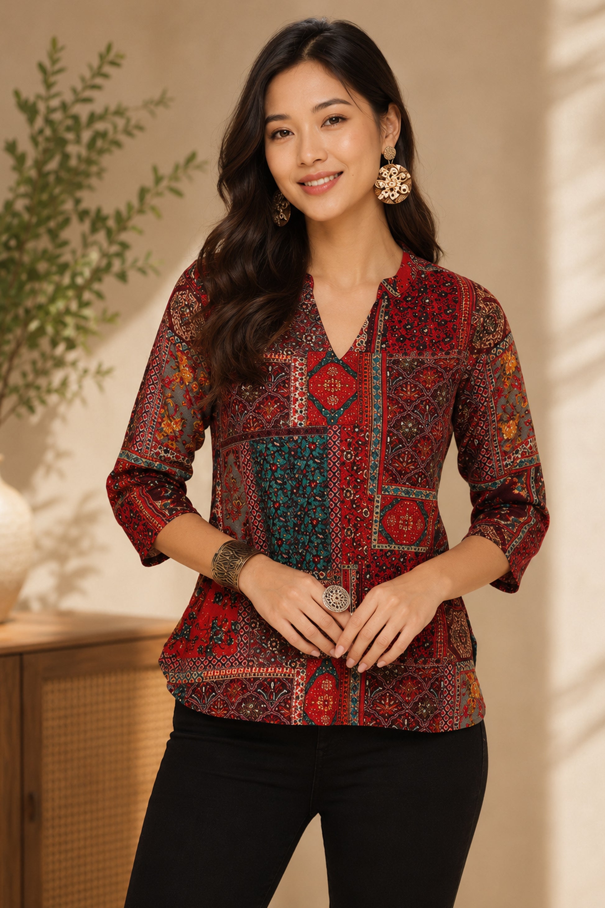 Woman wearing maroon ethnic motif tunic with woven tote bag