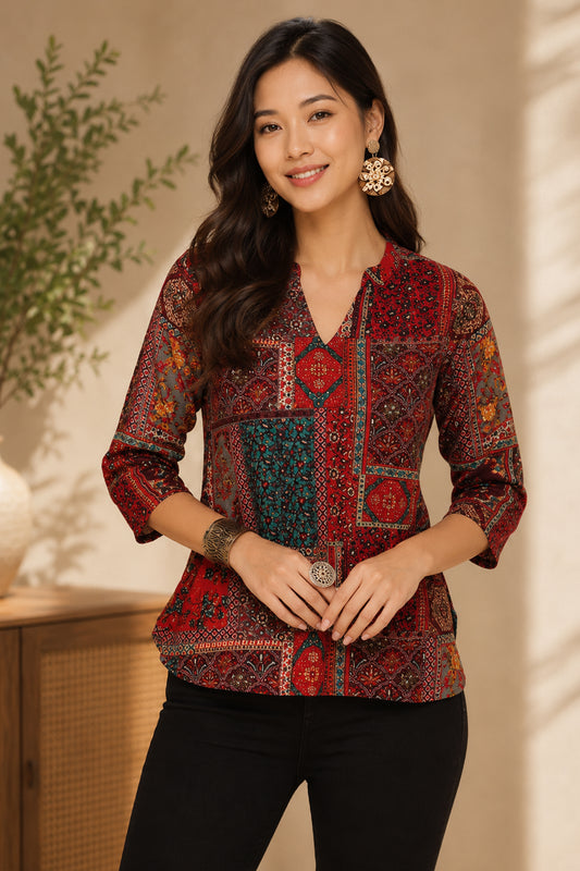 Woman wearing maroon ethnic motif tunic with woven tote bag