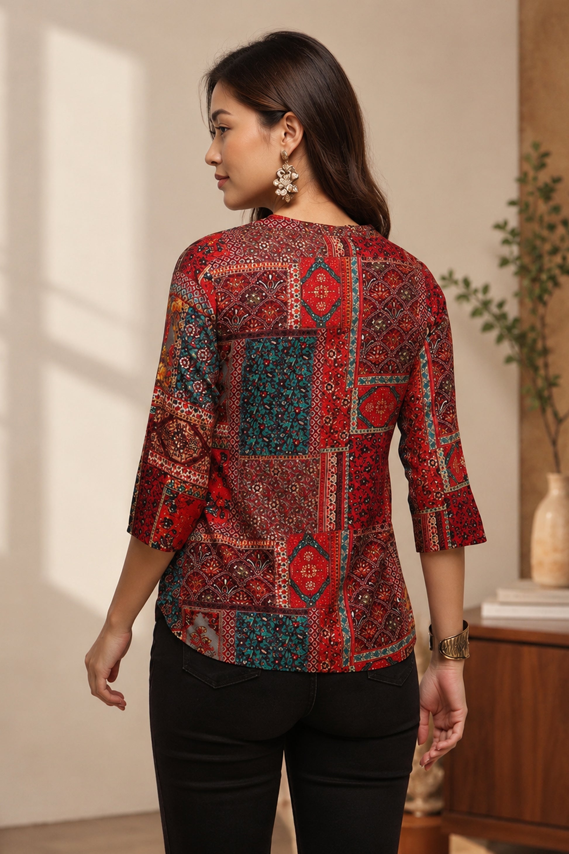 Relaxed fit tunic with mixed ethnic motif print detail