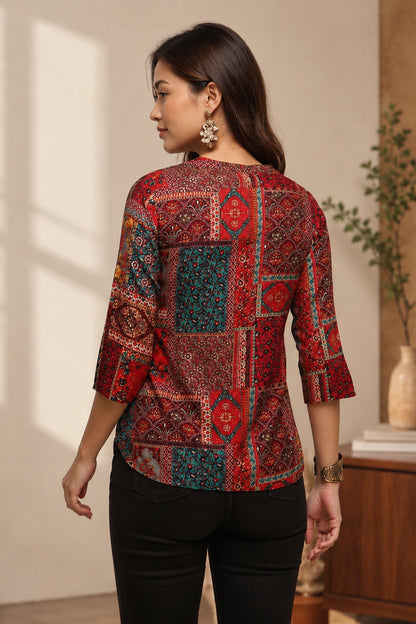 Relaxed fit tunic with mixed ethnic motif print detail