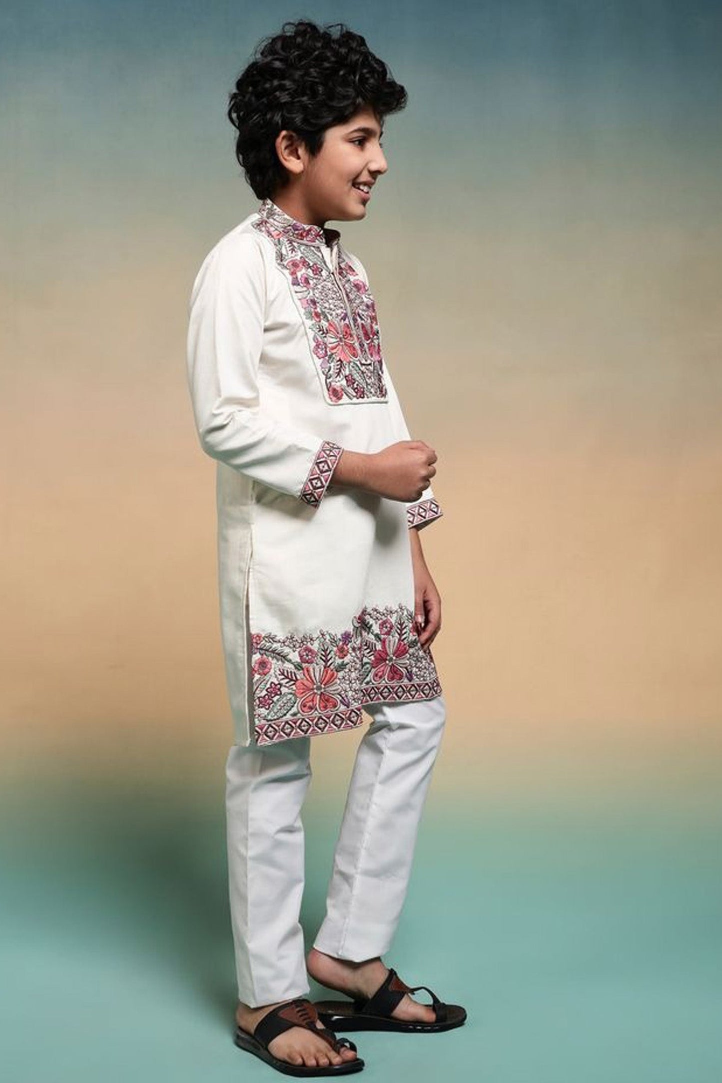 Thread with sequence work on boys kurta front panel