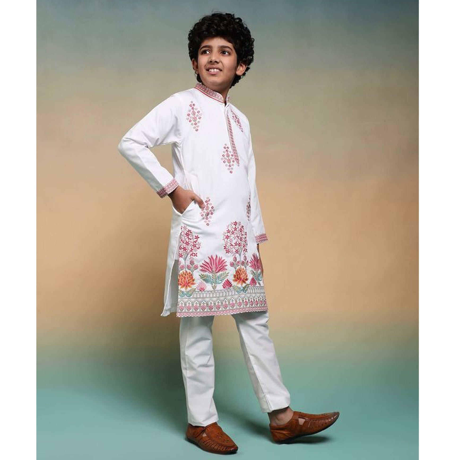 detailed sleeve embroidery on white kurta