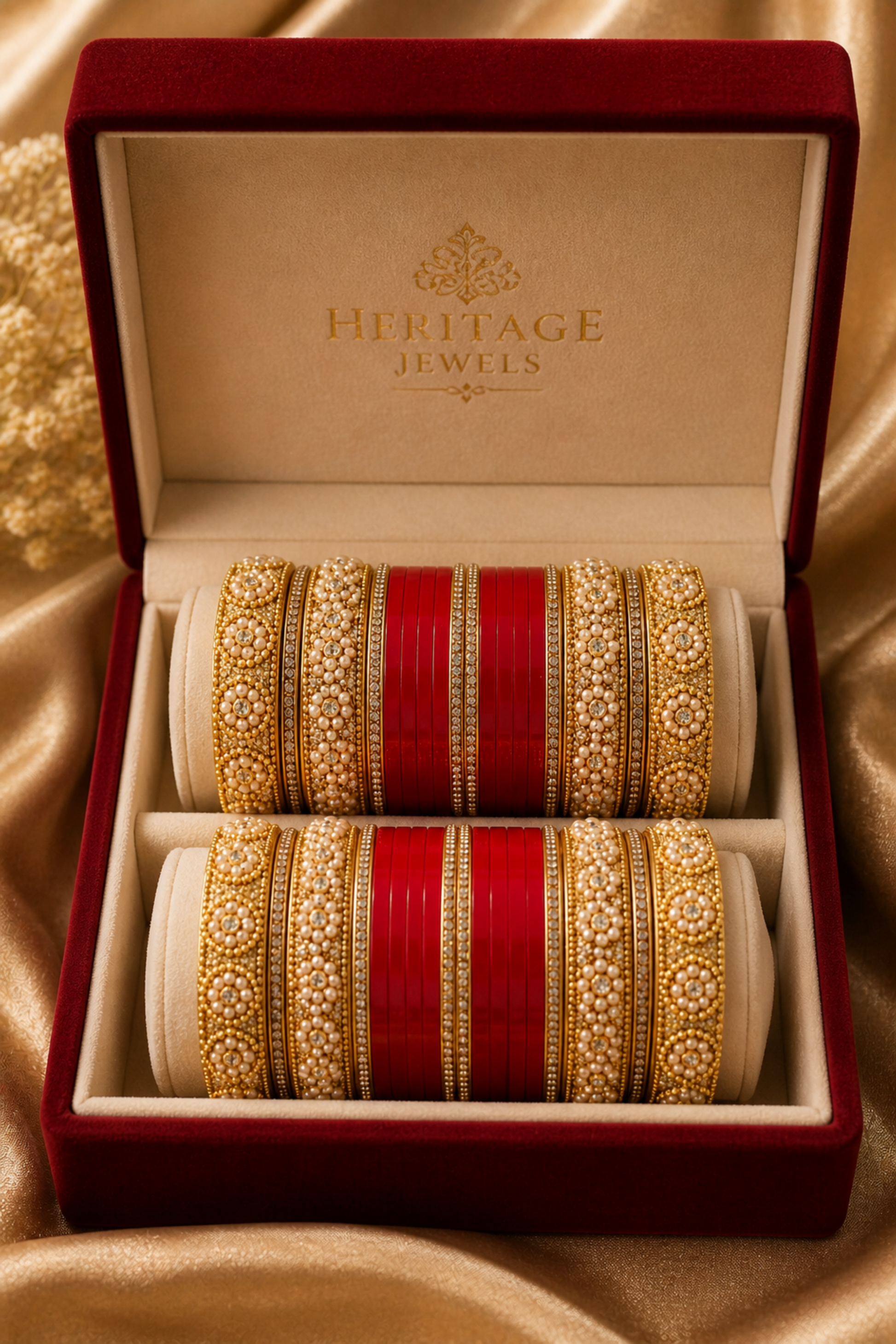 stacked red bangles with embellished gold borders