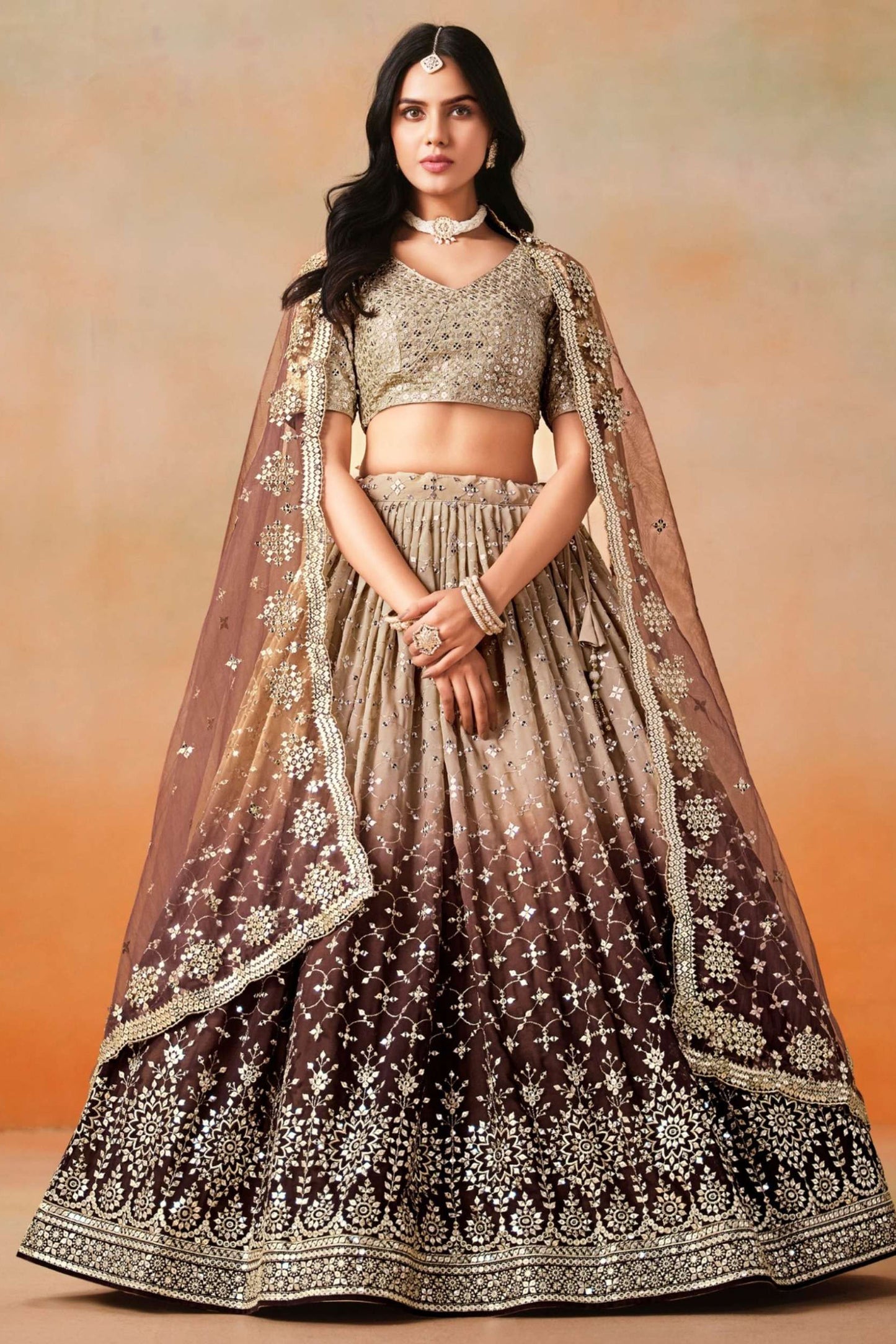 brown georgette lehenga choli with sequins zari embroidery front view