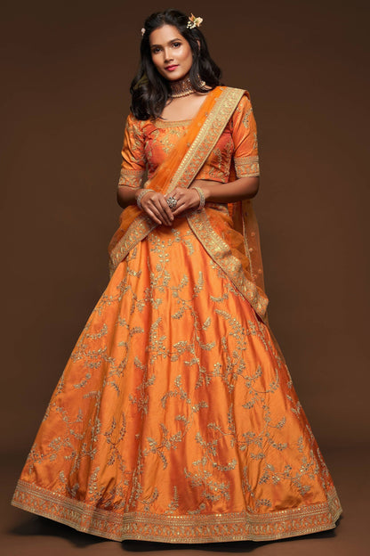 Bridal lehenga for wedding in orange art silk full front view
