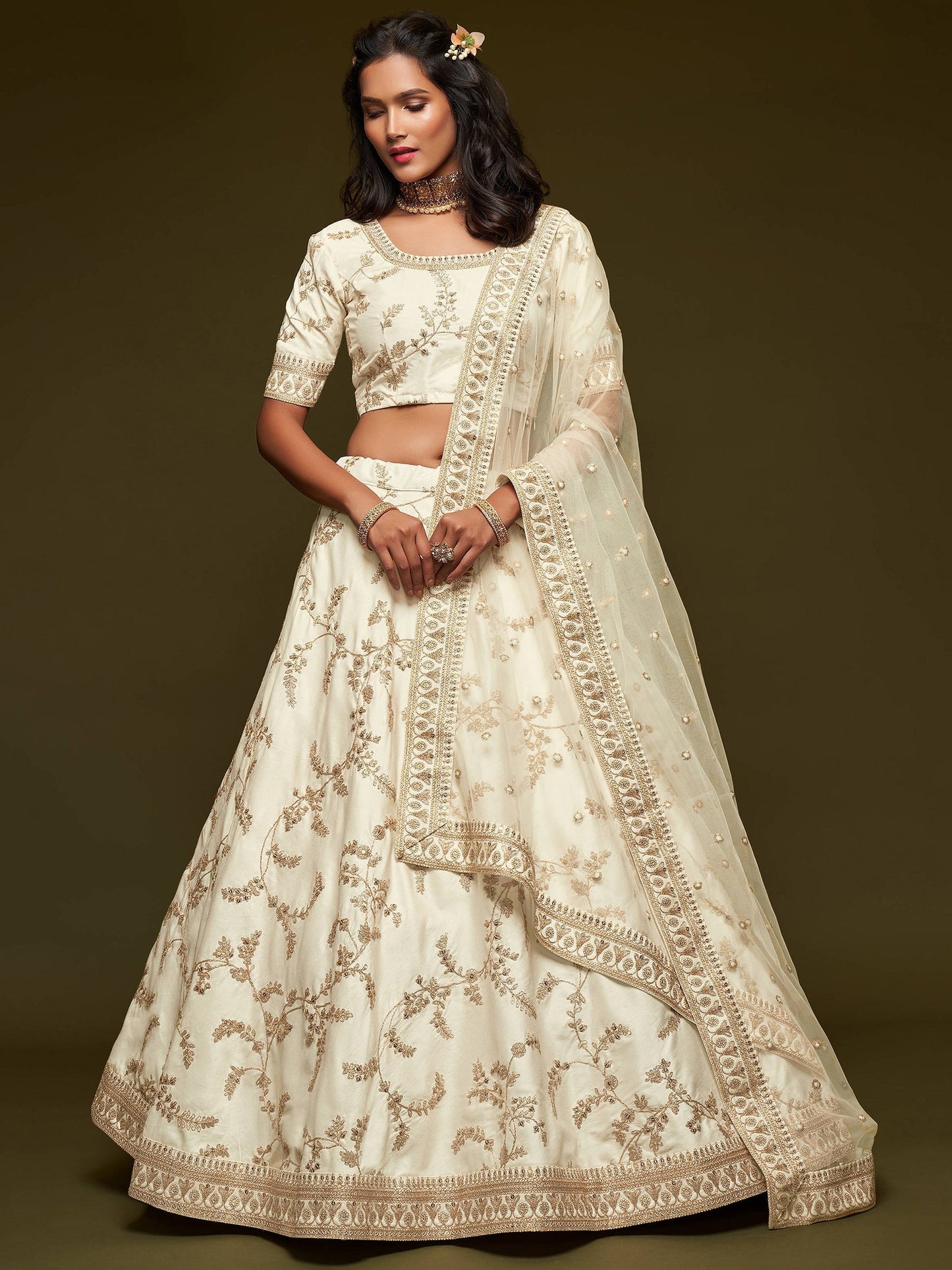 Wedding reception lehengas for bride with white sequin detailing