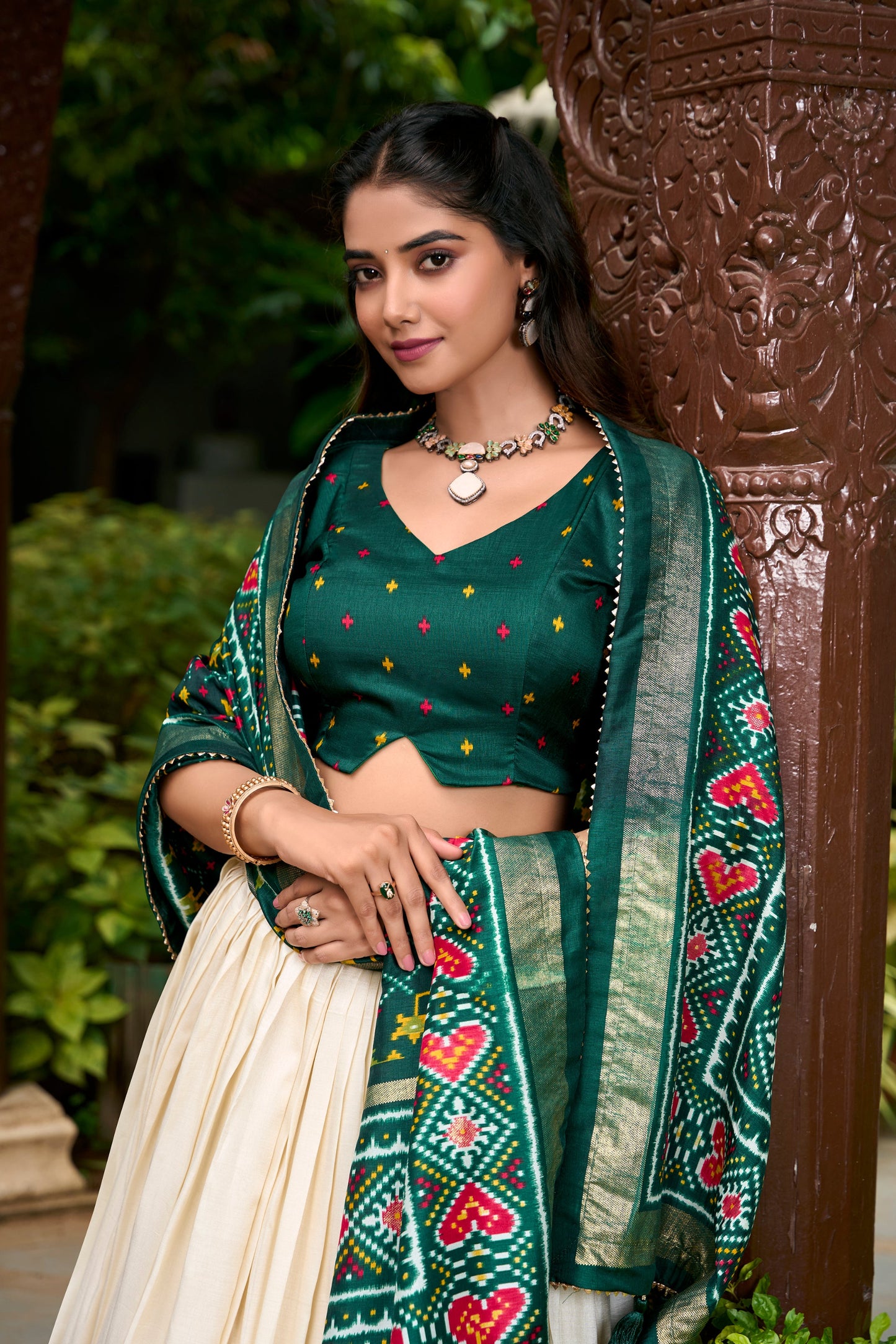 Bridal lehenga gown style with foil print close-up