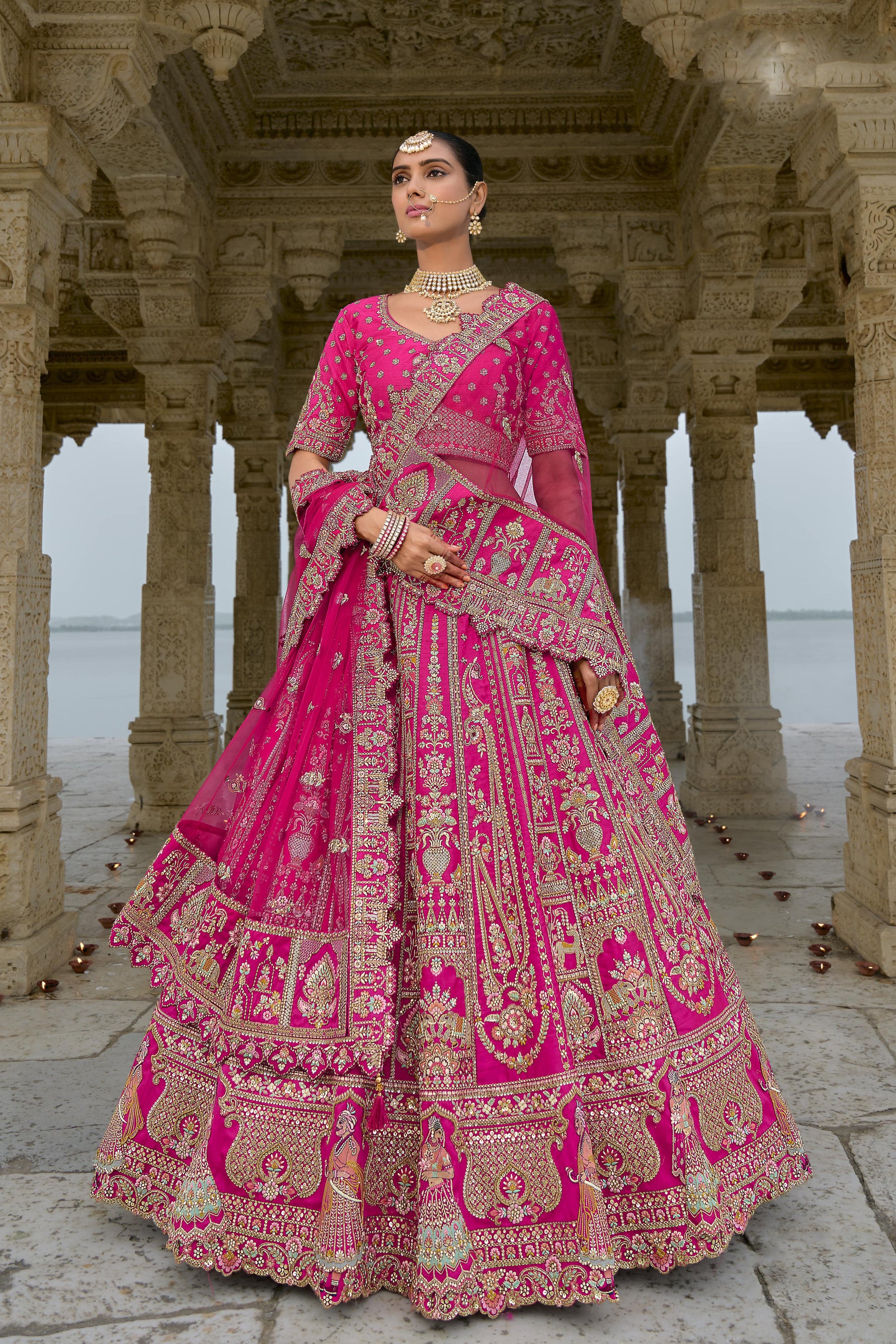 Bridal lehenga pink silk with heavy embroidery front view
