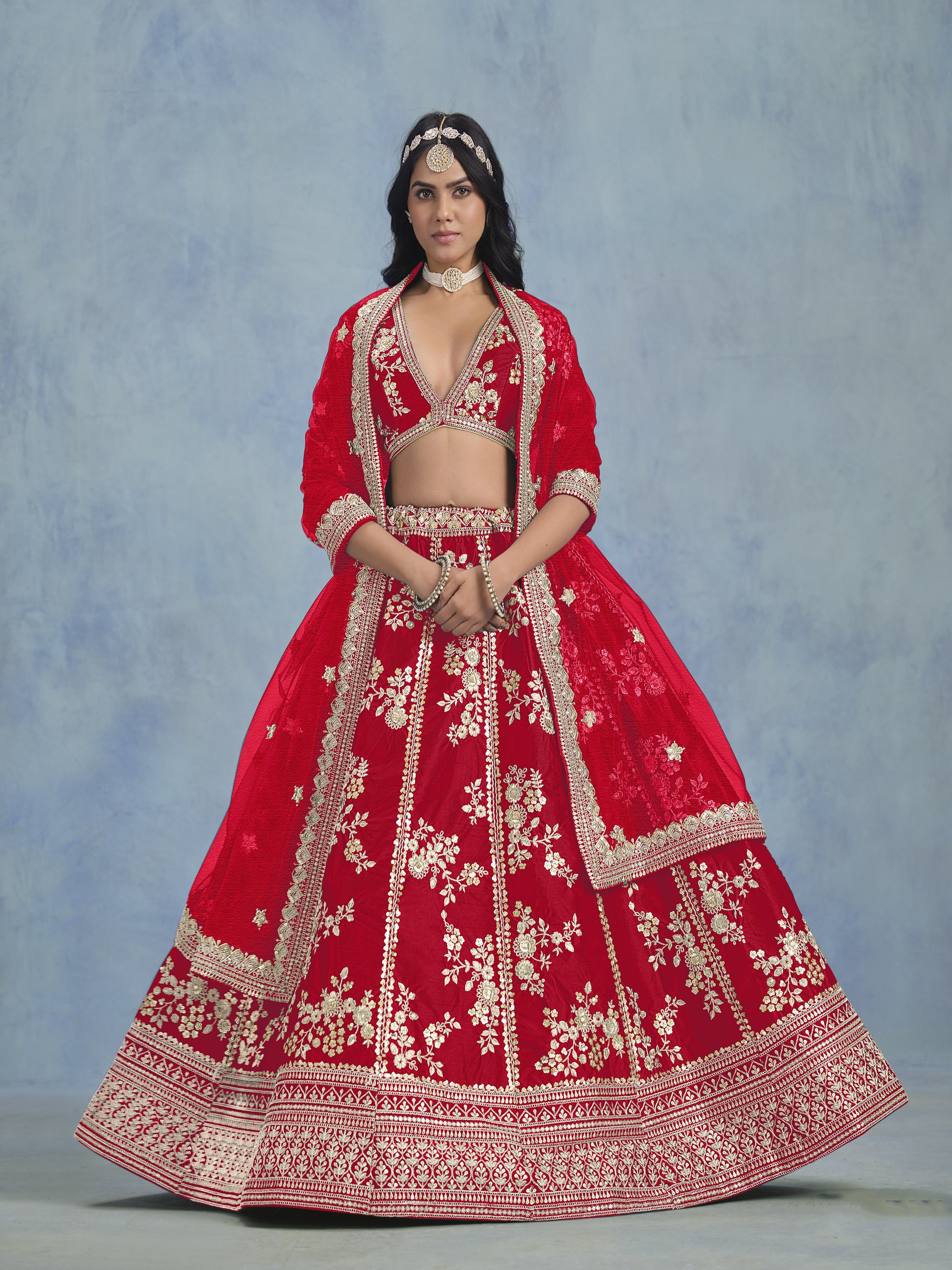 Red lehenga choli with intricate thread embroidery