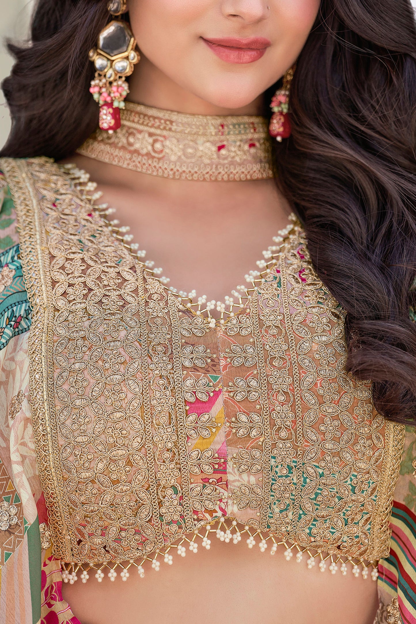Wedding lehenga choli with peach embroidered surface