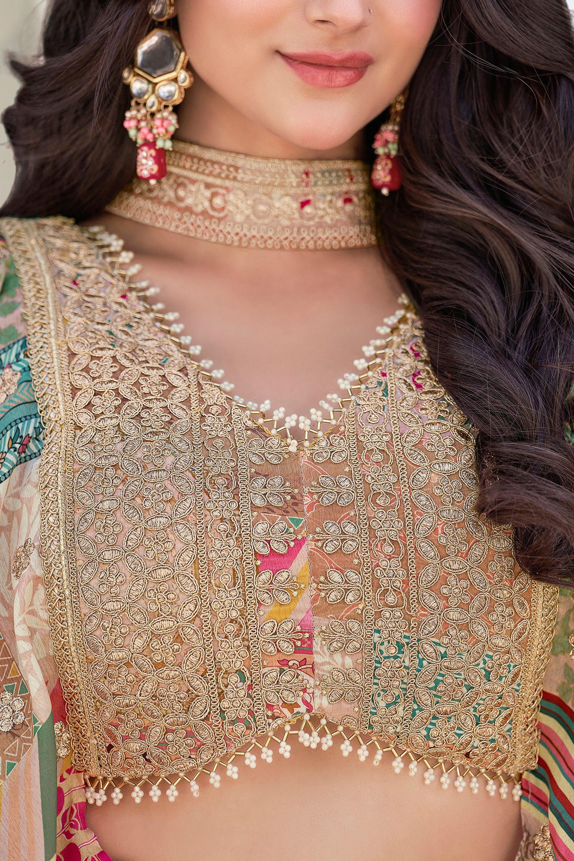 Wedding lehenga choli with peach embroidered surface