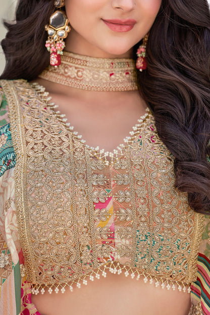 Wedding lehenga choli with peach embroidered surface
