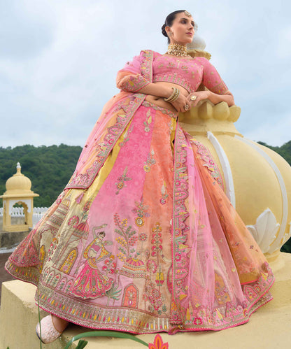 Festive peach and yellow combination lehenga styling